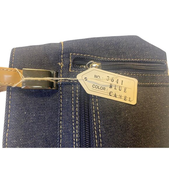 Denim & Faux Leather Crossbody Handbag With Phone Pouch Blue Tan - Picture 7 of 7